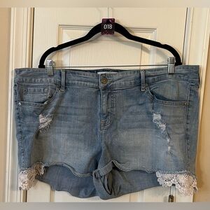 Torrid Light Blue Denim Shorts with Lace Trim